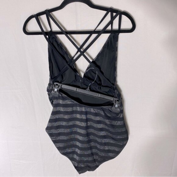 Women’s Black & Metallic Grey Striped One Piece Bathing Suit Swimsuit XL - Picture 13 of 14